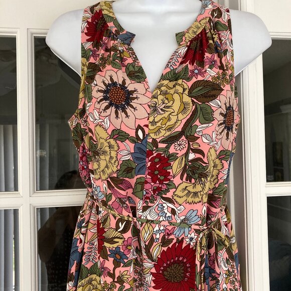 LOFT  Burgundy Coral Olive Green Floral Sleeveless V Neck Dress Small Petite - Picture 2 of 9
